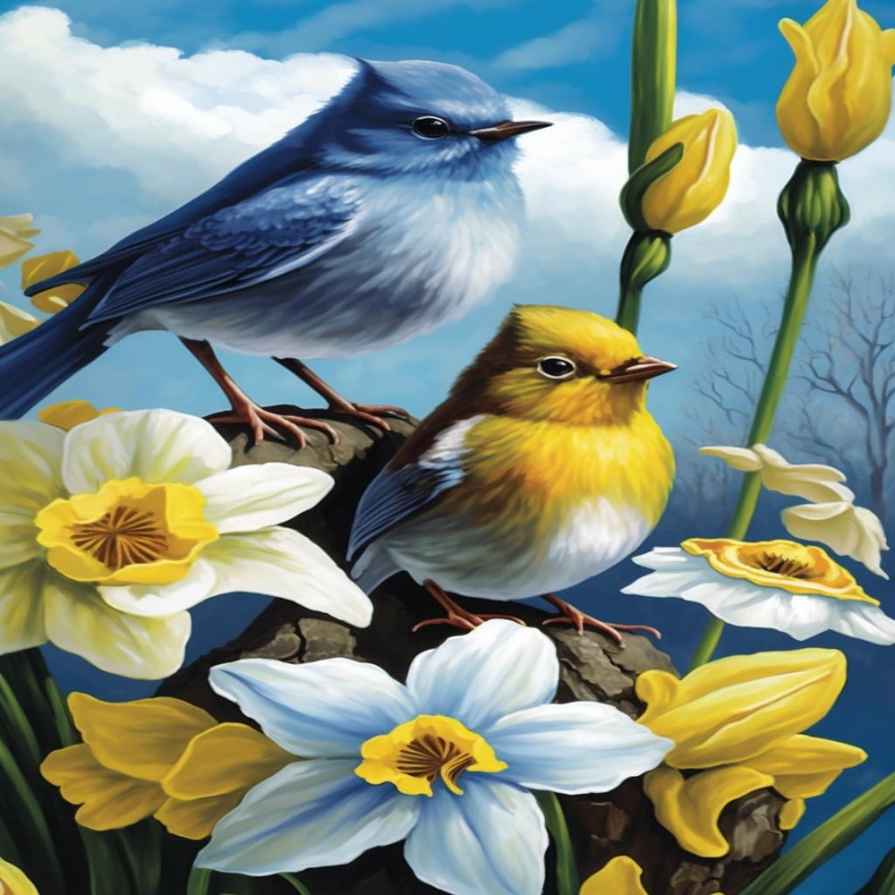 IEFSCAY Diamond Painting Kits Daffodils Peaceful Birds - Beginners Full Diamond Covered 5D Personalized Four Seasons Landscape Oil Painting Art for Small Fresh Home Decor Restaurant Decor 20x30cm
