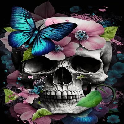 Abstract Skull Diamond Painting Kits - DIY Blue Butterfly Pink Hydrangea Diamond Painting - Adult Children Full Round Gemstone Embroidery Craft, For Steamy Vintage Teenager'S Room Decor 45X65cm