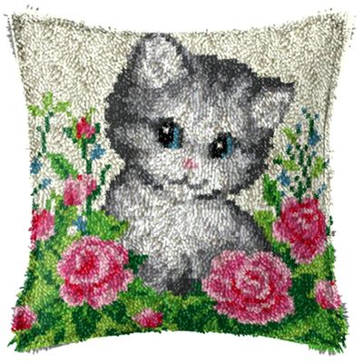 LAPATAIN Latch Hook Kits for DIY Throw Pillow Cover,Needlework Cushion Cover Hand Craft Crochet for Great Family 17X17inch Cat