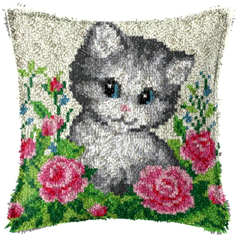 LAPATAIN Latch Hook Kits for DIY Throw Pillow Cover,Needlework Cushion Cover Hand Craft Crochet for Great Family 17X17inch Cat