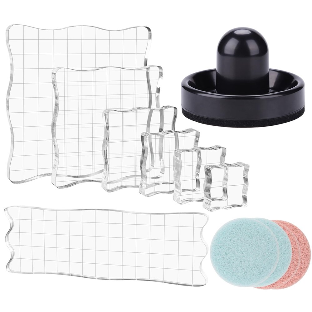 BAOFALI 12Pcs/Set 7 Acrylic Blocks Clear Stamp Block with Grid with 1 Pressing Stamping Tool 4 Stamp Scrubber Set Stamping Tools for Scrapbooking Crafts Card Making, Assorted Sizes Tool Set