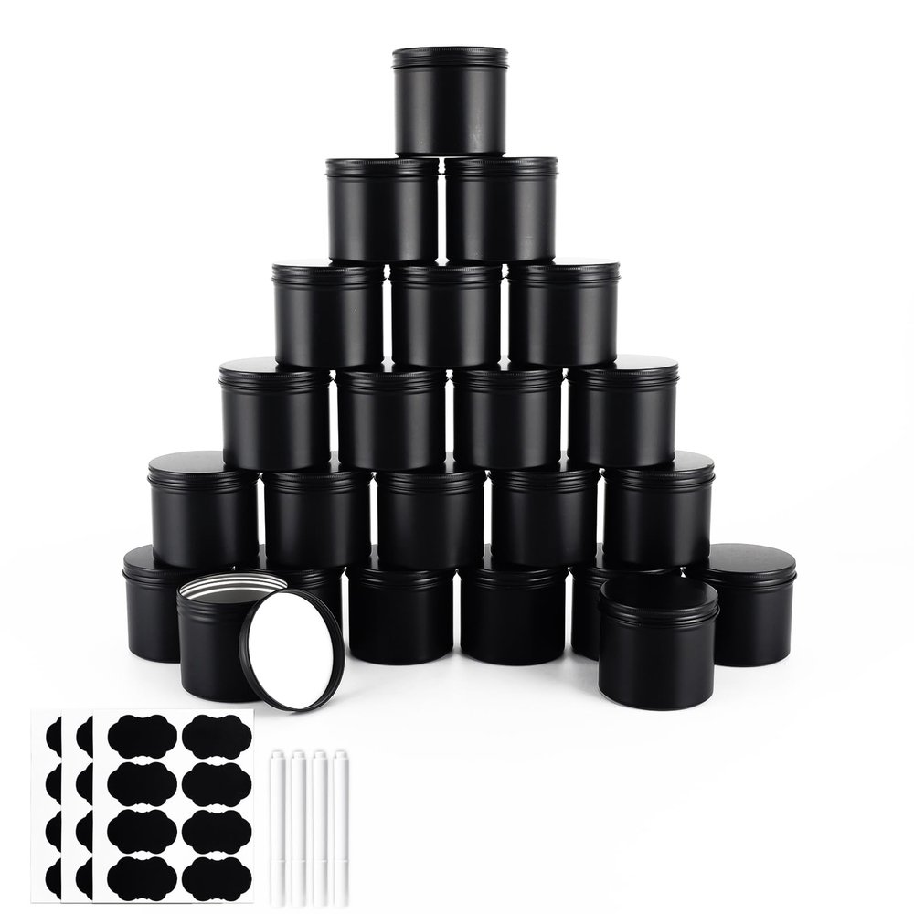 OBKJJ Black Candle Jars 10 oz Matte Tins 24 PCS Metal Candle Containers with Lids Bulk Candle Containers for Balms, Salve, Spices, Beard Balm, Crafts with 4 Markers 6 Sheets Label Stickers