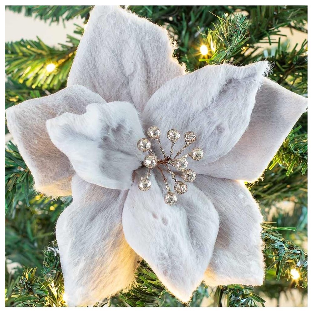 Factory Direct Craft Set of 2 Soft Fuzzy Cream Poinsettia Flowers - Fake Poinsettia Blooms for Christmas Trees and Holiday Decorations (9 Inch Blooms)