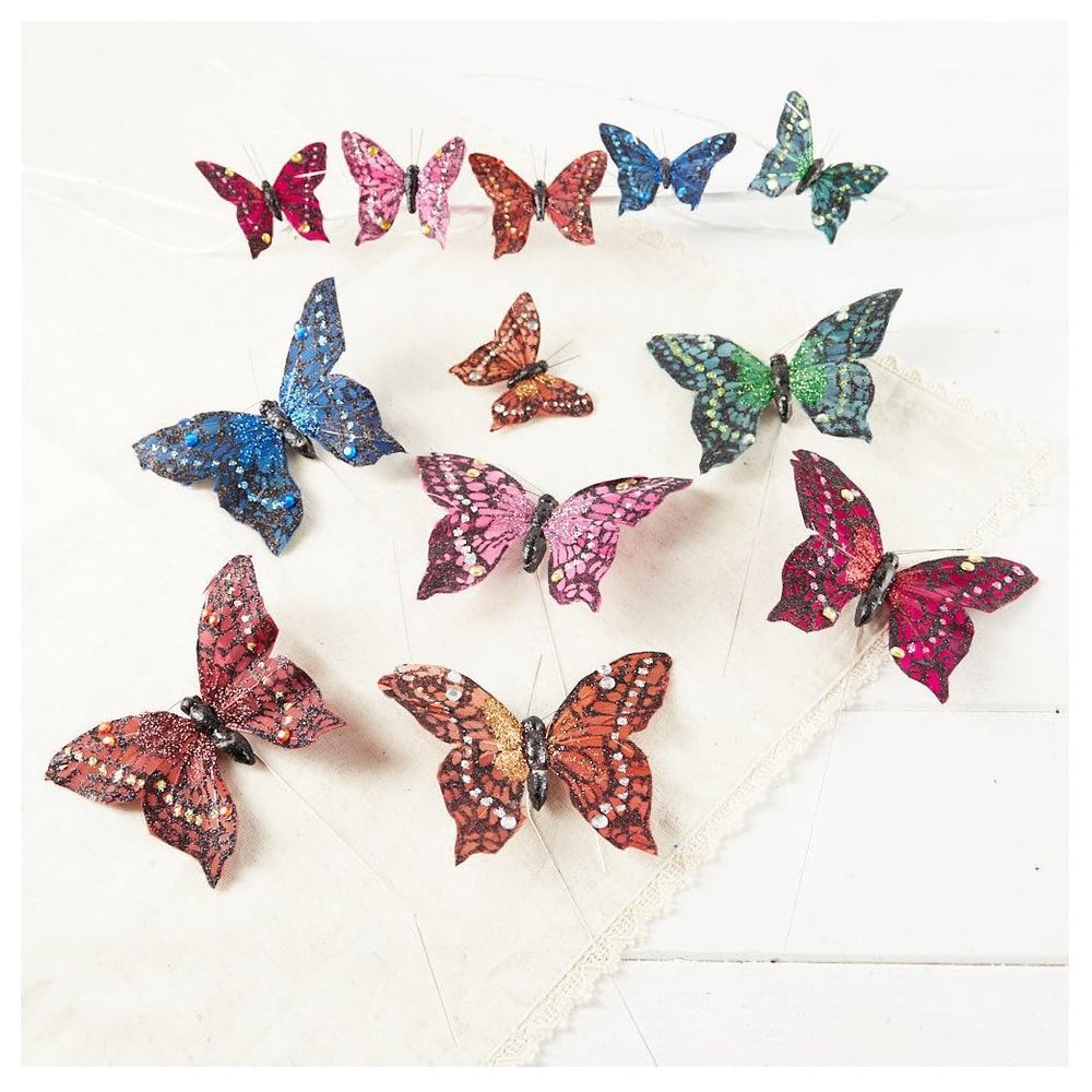 Factory Direct Craft Group of 24 Artificial Jewel Tone Feather Butterflies - Butterfly Picks for Spring Arrangements and Summer Displays