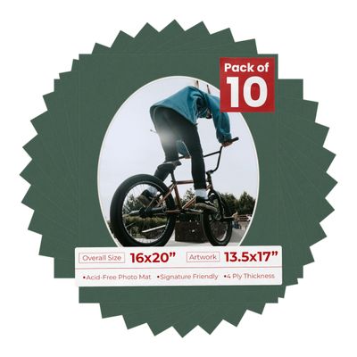 16x20 Mat Bevel Cut for 13.5x17 Photos - Precut Hunter Green Oval Shaped Photo Mat Board Opening - Acid Free Matte to Protect Your Pictures - Bevel Cut for Family Photos, Pack of 10 Matboards Show