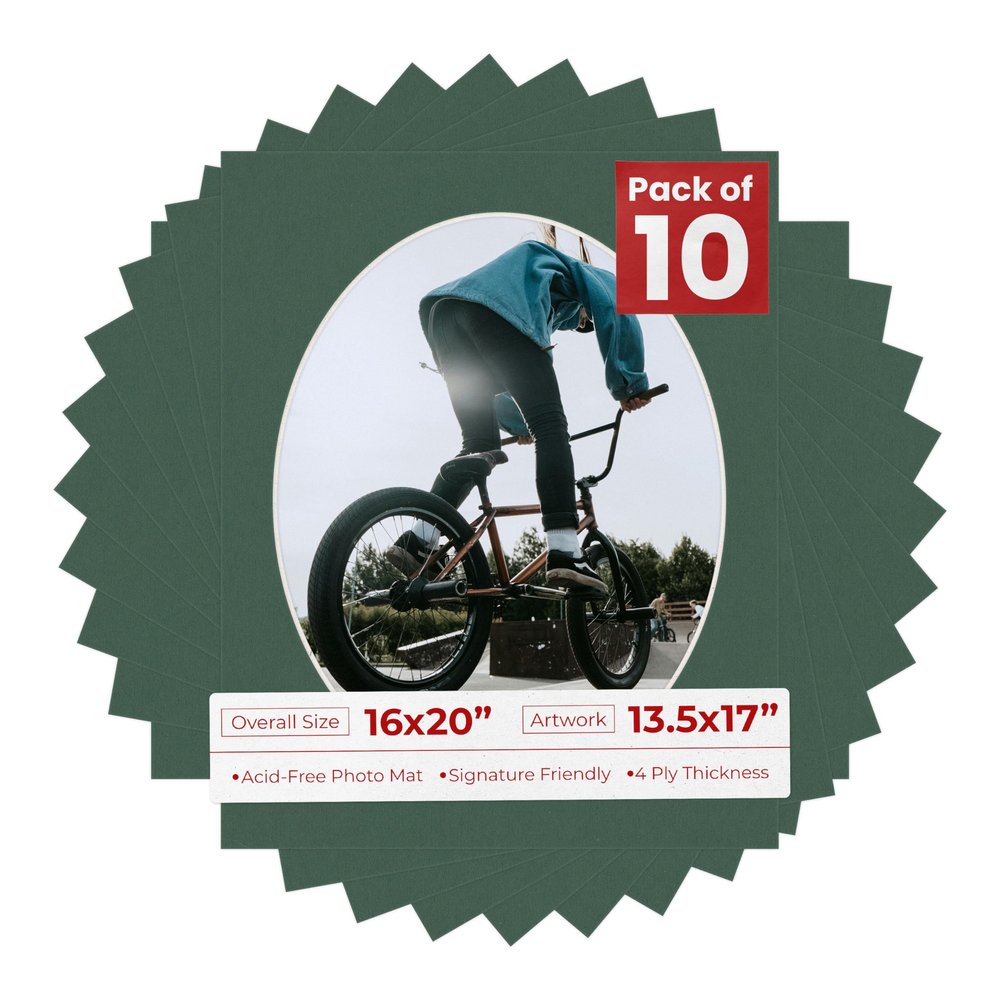 16x20 Mat Bevel Cut for 13.5x17 Photos - Precut Hunter Green Oval Shaped Photo Mat Board Opening - Acid Free Matte to Protect Your Pictures - Bevel Cut for Family Photos, Pack of 10 Matboards Show