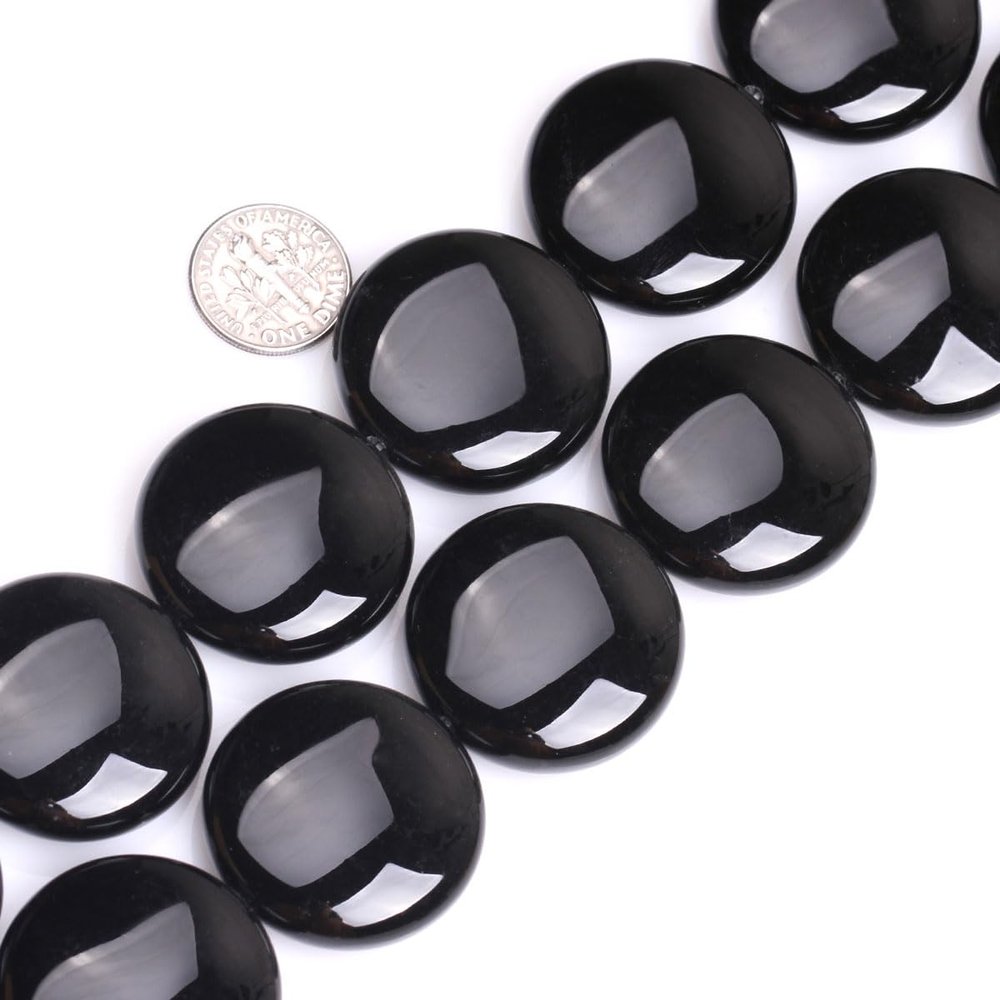 JOE FOREMAN 30mm Natural Black Agate Coin Button Chakras Stone Semi Precious Gemstone Beads for Jewelry Making Strand 15 inch