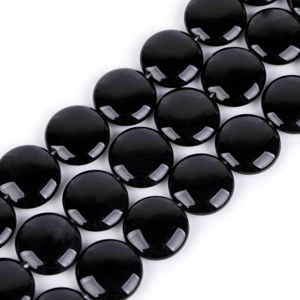 JOE FOREMAN 18mm Natural Black Agate Coin Button Chakras Stone Semi Precious Gemstone Beads for Jewelry Making Strand 15 inch