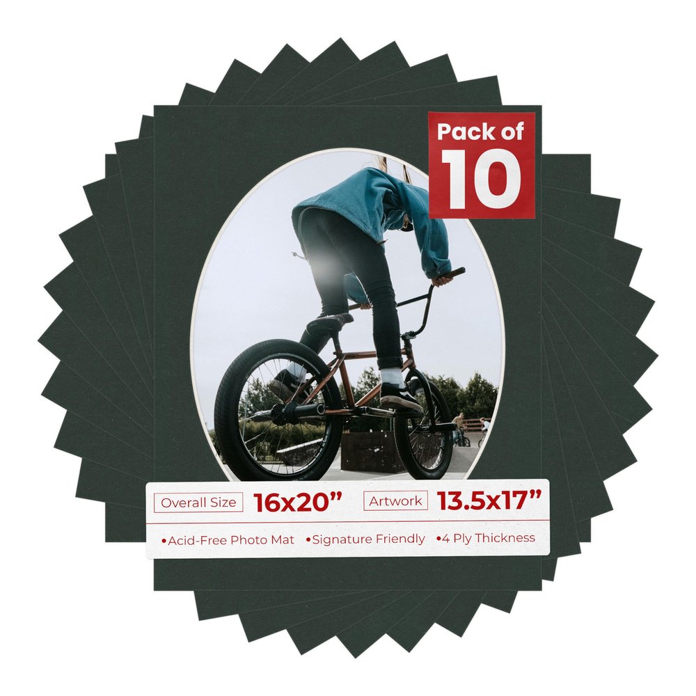 16x20 Mat Bevel Cut for 13.5x17 Photos - Precut Black Oval Shaped Photo Mat Board Opening - Acid Free Matte to Protect Your Pictures - Bevel Cut for Family Photos, Pack of 10 Matboards Show Kits With