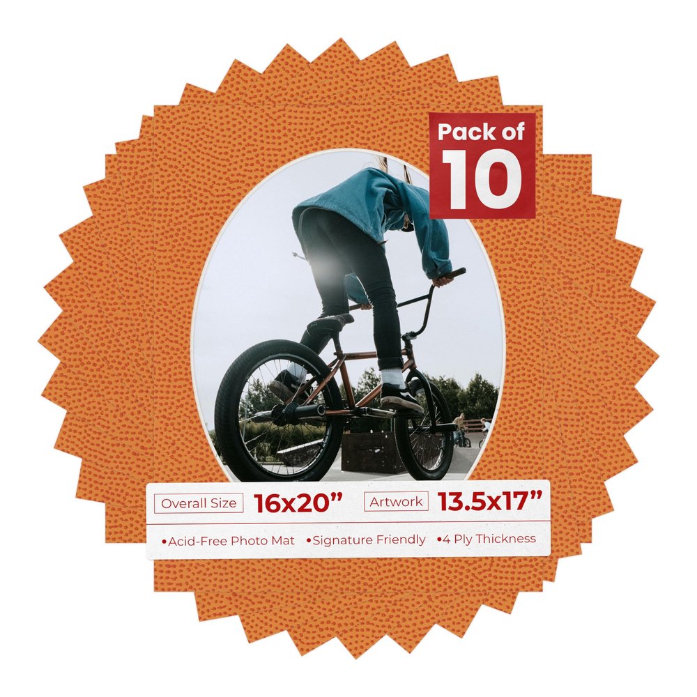 16x20 Mat Bevel Cut for 13.5x17 Photos - Precut Basketball Texture Oval Shaped Photo Mat Board Opening - Acid Free Matte to Protect Your Pictures - Bevel Cut for Family Photos, Pack of 10 Matboards