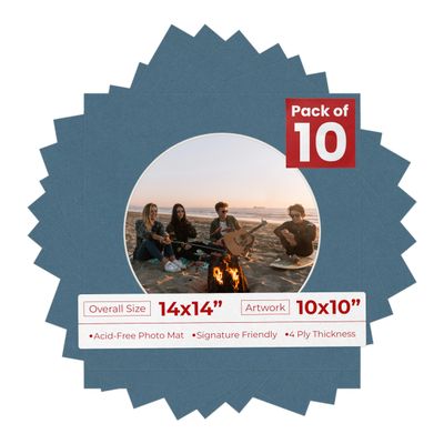 14x14 Mat Bevel Cut for 10x10 Photos - Precut Steel Blue Circle Shaped Photo Mat Board Opening - Acid Free Matte to Protect Your Pictures - Bevel Cut for Family Photos, Pack of 10 Matboards Show Kits