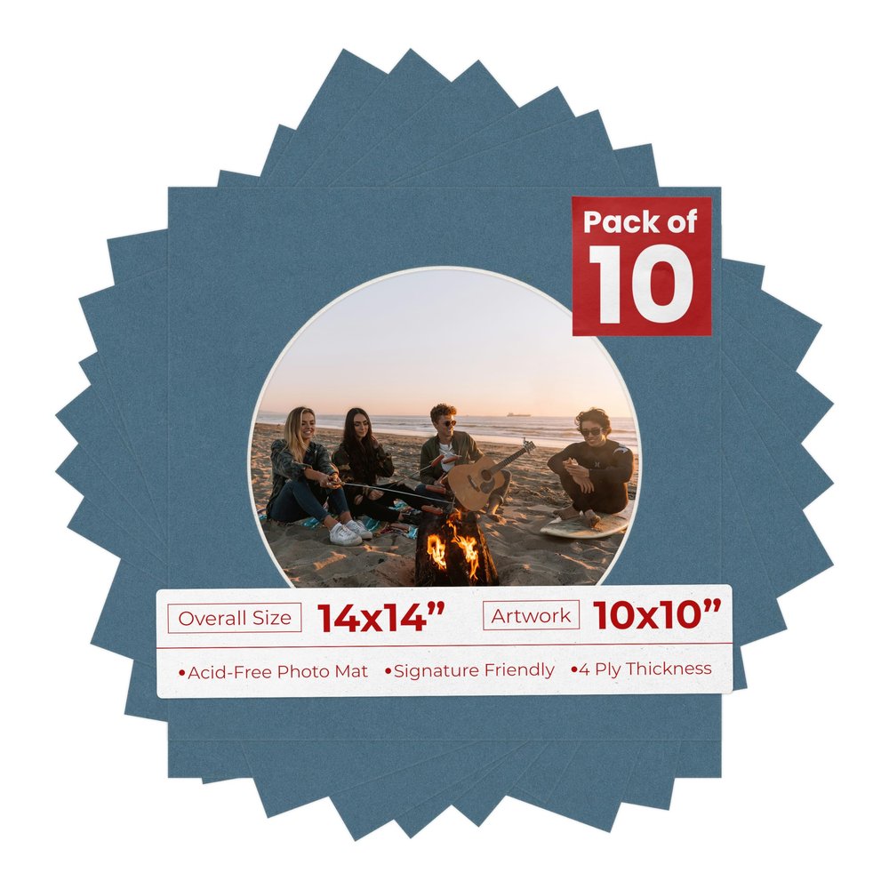 14x14 Mat Bevel Cut for 10x10 Photos - Precut Steel Blue Circle Shaped Photo Mat Board Opening - Acid Free Matte to Protect Your Pictures - Bevel Cut for Family Photos, Pack of 10 Matboards Show Kits