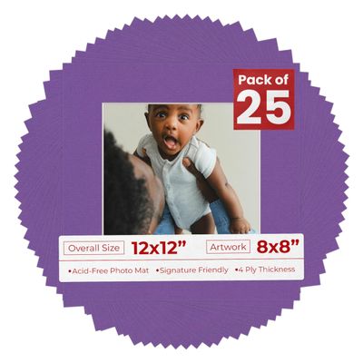 12x12 Mat Bevel Cut for 8x8 Photos - Precut Dark Purple Square Shaped Photo Mat Board Opening - Acid Free Matte to Protect Your Pictures - Bevel Cut for Family Photos, Pack of 25 Matboards Show Kits