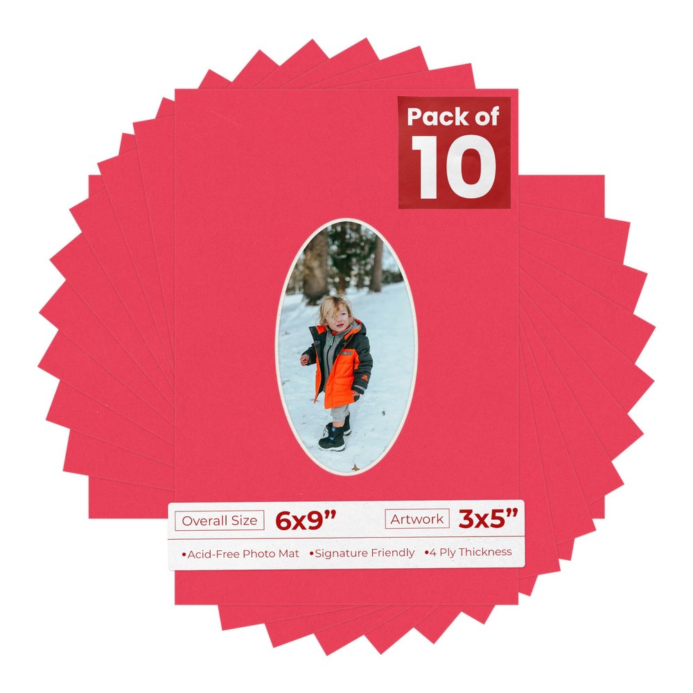 6x9 Mat Bevel Cut for 3x5 Photos - Precut Cardinal Red Oval Shaped Photo Mat Board Opening - Acid Free Matte to Protect Your Pictures - Bevel Cut for Family Photos, Pack of 10 Matboards Show Kits With