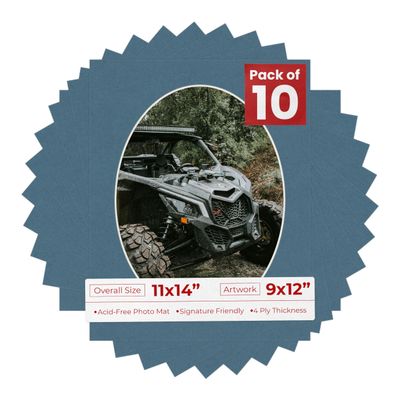 11x14 Mat Bevel Cut for 9x12 Photos - Precut Steel Blue Oval Shaped Photo Mat Board Opening - Acid Free Matte to Protect Your Pictures - Bevel Cut for Family Photos, Pack of 10 Matboards Show Kits