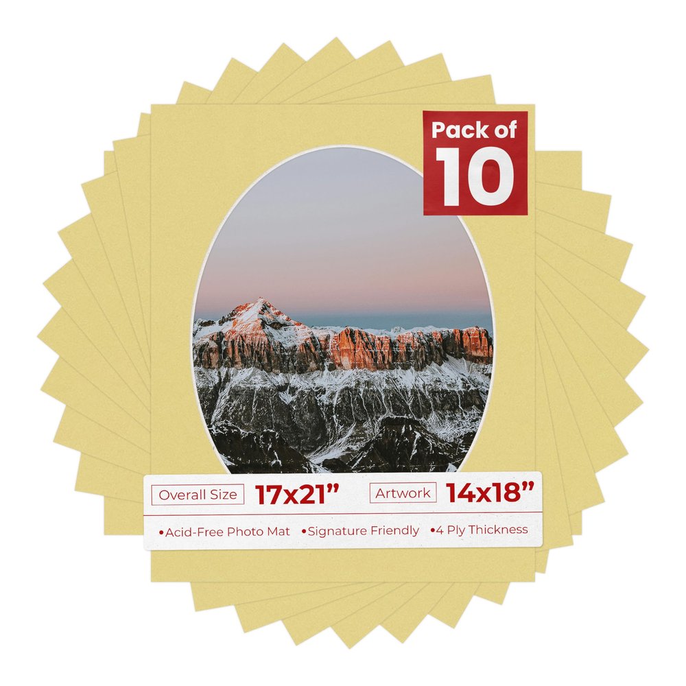 17x21 Mat Bevel Cut for 14x18 Photos - Precut Soft Yellow Oval Shaped Photo Mat Board Opening - Acid Free Matte to Protect Your Pictures - Bevel Cut for Family Photos, Pack of 10 Matboards Show Kits