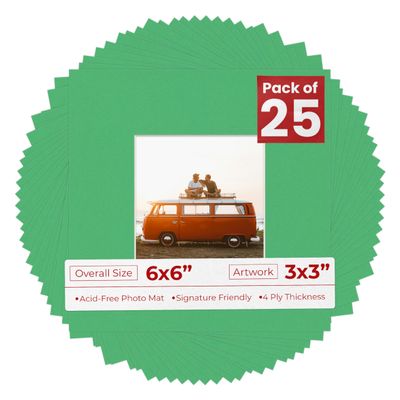 6x6 Mat Bevel Cut for 3x3 Photos - Precut Bright Green Square Shaped Photo Mat Board Opening - Acid Free Matte to Protect Your Pictures - Bevel Cut for Family Photos, Pack of 25 Matboards Show Kits