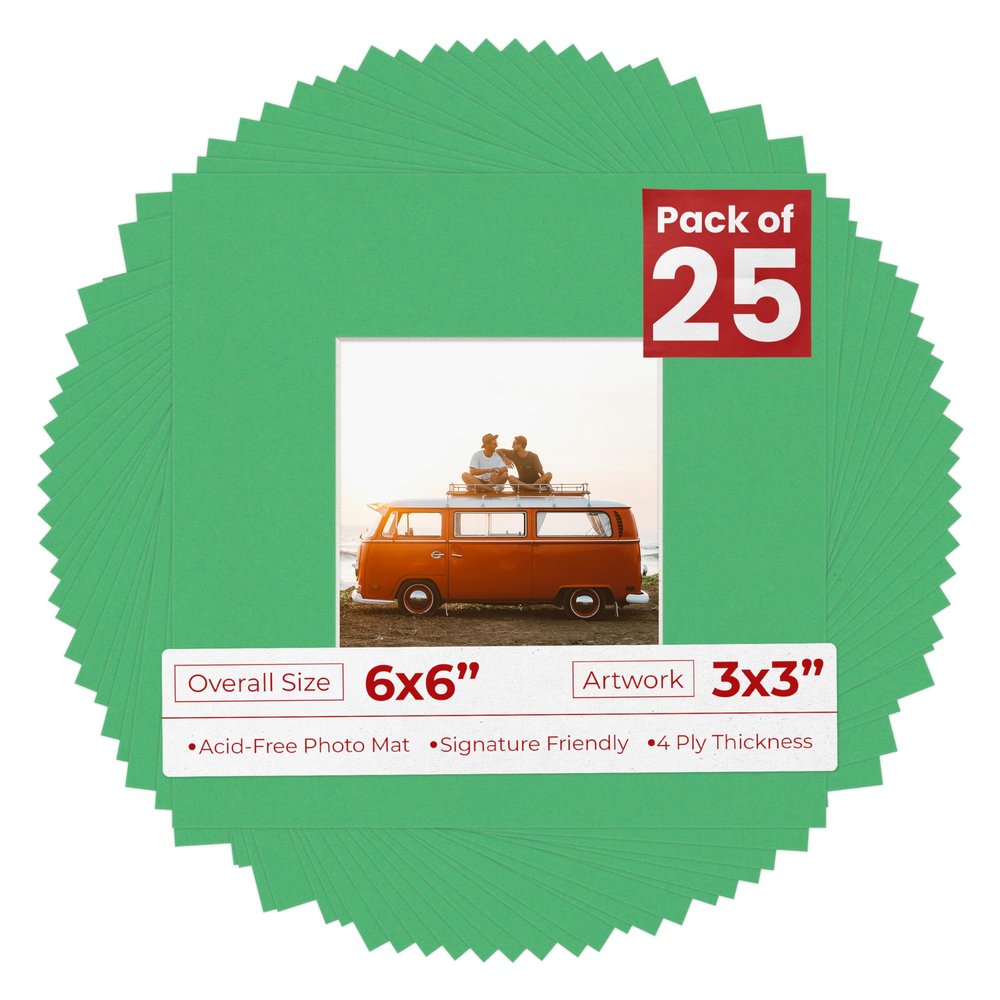 6x6 Mat Bevel Cut for 3x3 Photos - Precut Bright Green Square Shaped Photo Mat Board Opening - Acid Free Matte to Protect Your Pictures - Bevel Cut for Family Photos, Pack of 25 Matboards Show Kits