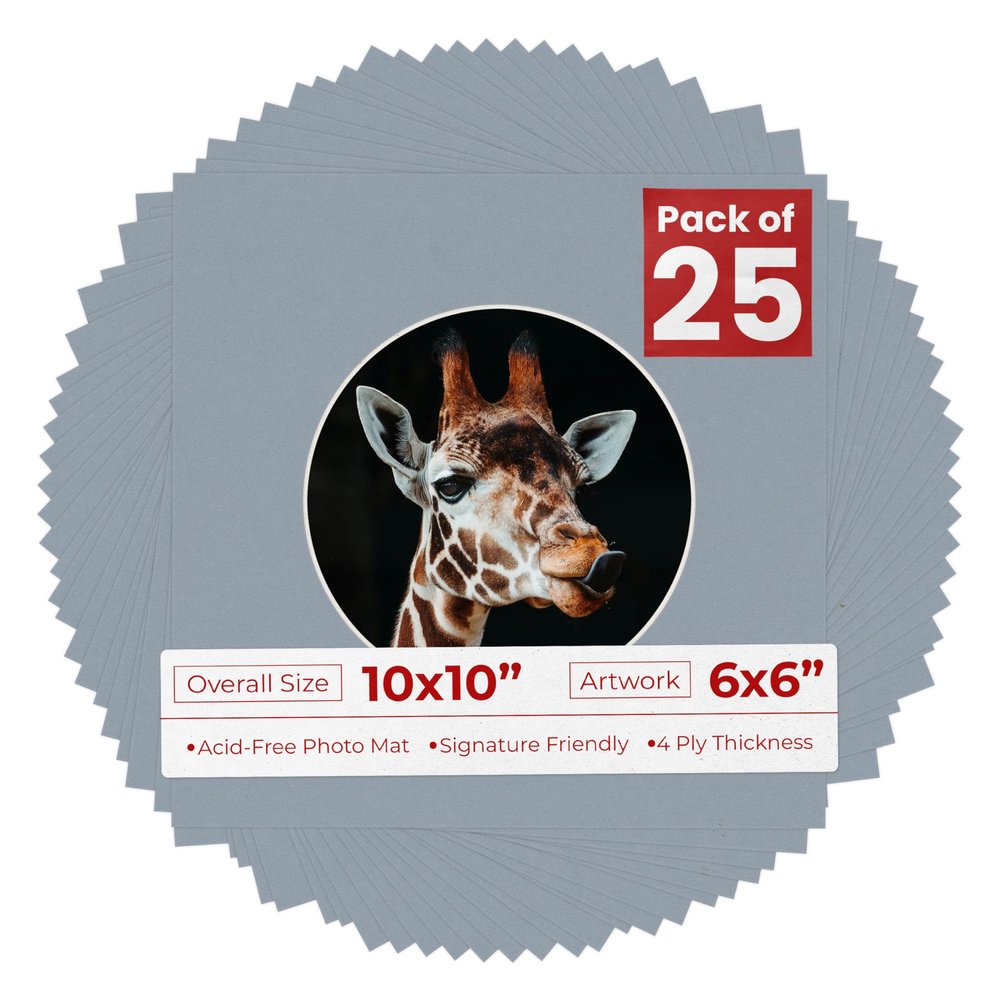 Poster Palooza 10x10 Photo Mat Board for 6x6 Photos Precut Circle Shape Opening Acid Free Bevel Cut Picture Frame Mat, Steel Blue, Mat Board for Framing Photos & Artwork, 25-Pack Matboards Show Kits