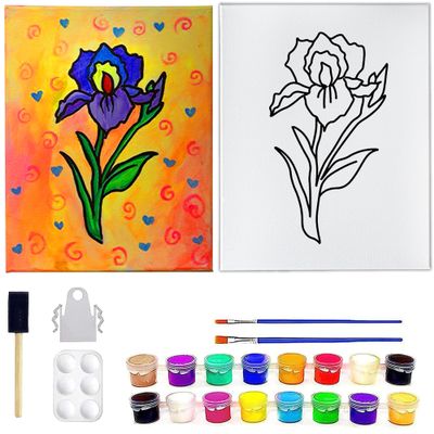 INDIGO ART STUDIO Pre Drawn Canvas Paint Kit for Adults Kids Couples | Stretched & Stenciled | Art Activity | Lotus Flower #2 Retro | DIY Birthday Gift & Sip and Paint with Twist Party Favor | 11x14