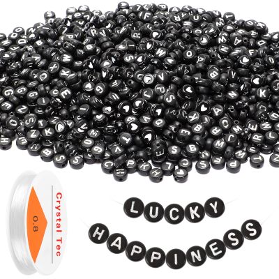 Letter Beads, DECYOOL Acrylic Alphabet Beads with 1 Roll Elastic String for Bracelet Necklace Jewelry Making Supplies (Black White)