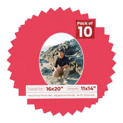 16x20 Mat Bevel Cut for 11x14 Photos - Precut Cardinal Red Oval Shaped Photo Mat Board Opening - Acid Free Matte to Protect Your Pictures - Bevel Cut for Family Photos, Pack of 10 Matboards Show Kits