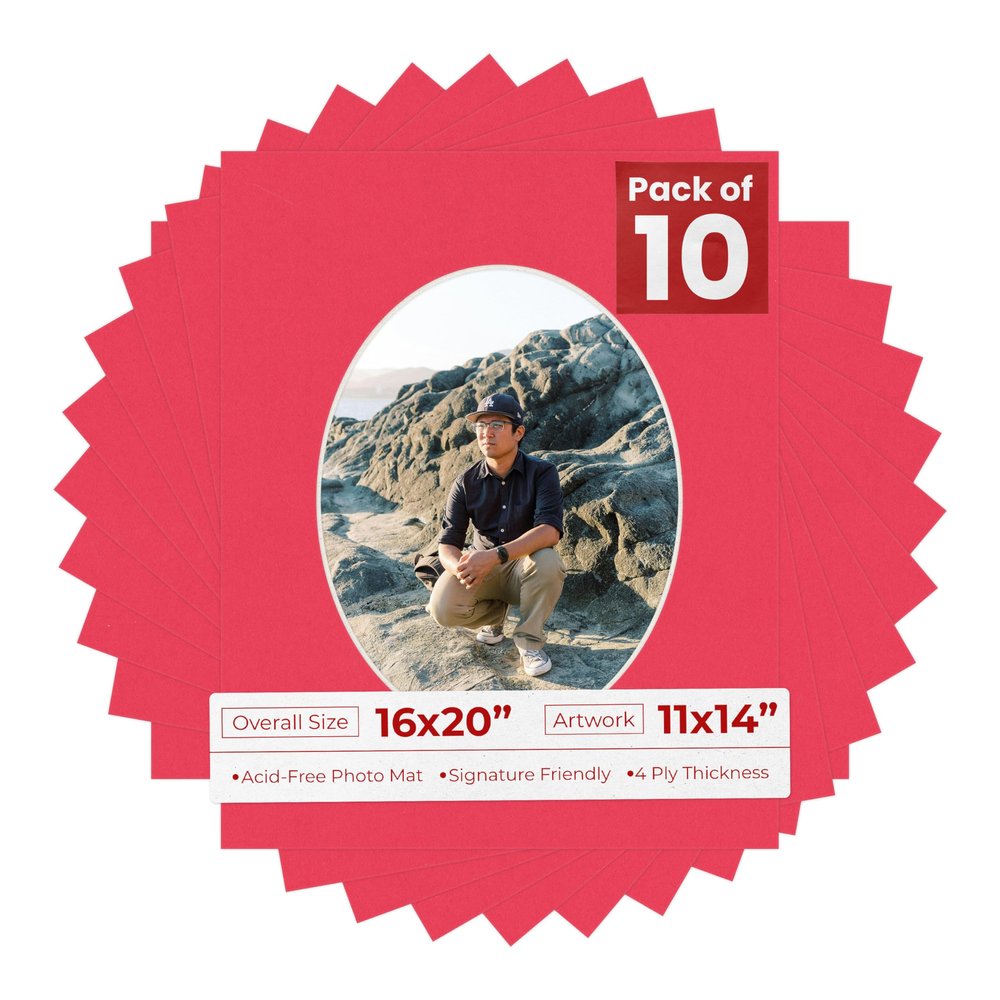 16x20 Mat Bevel Cut for 11x14 Photos - Precut Cardinal Red Oval Shaped Photo Mat Board Opening - Acid Free Matte to Protect Your Pictures - Bevel Cut for Family Photos, Pack of 10 Matboards Show Kits