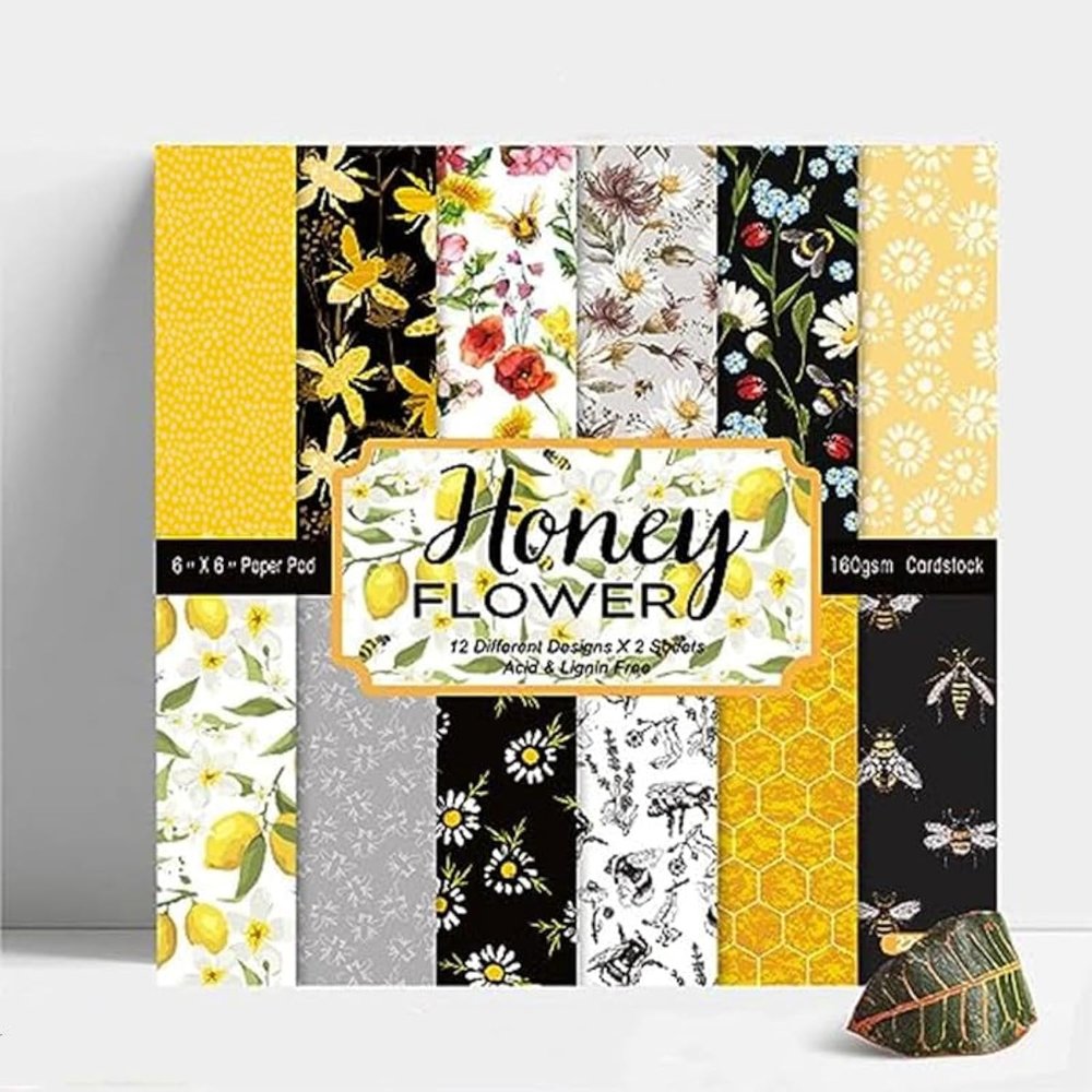DESEACO Honey Bee Flower Scrapbook Pad 24 Sheets 6x6 Single-Side Craft Sheets for Card Making, Journals, DIY Projects, Vintage Yellow Black Floral Designs