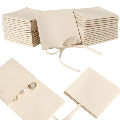 40pcs Ivory White Microfiber Jewelry Pouch 8 x 8cm Jewelry Bags Luxury Small Favor Bags Ring Pouch for Earrings Necklaces Bracelet, Bow Tie Envelope Style Packaging