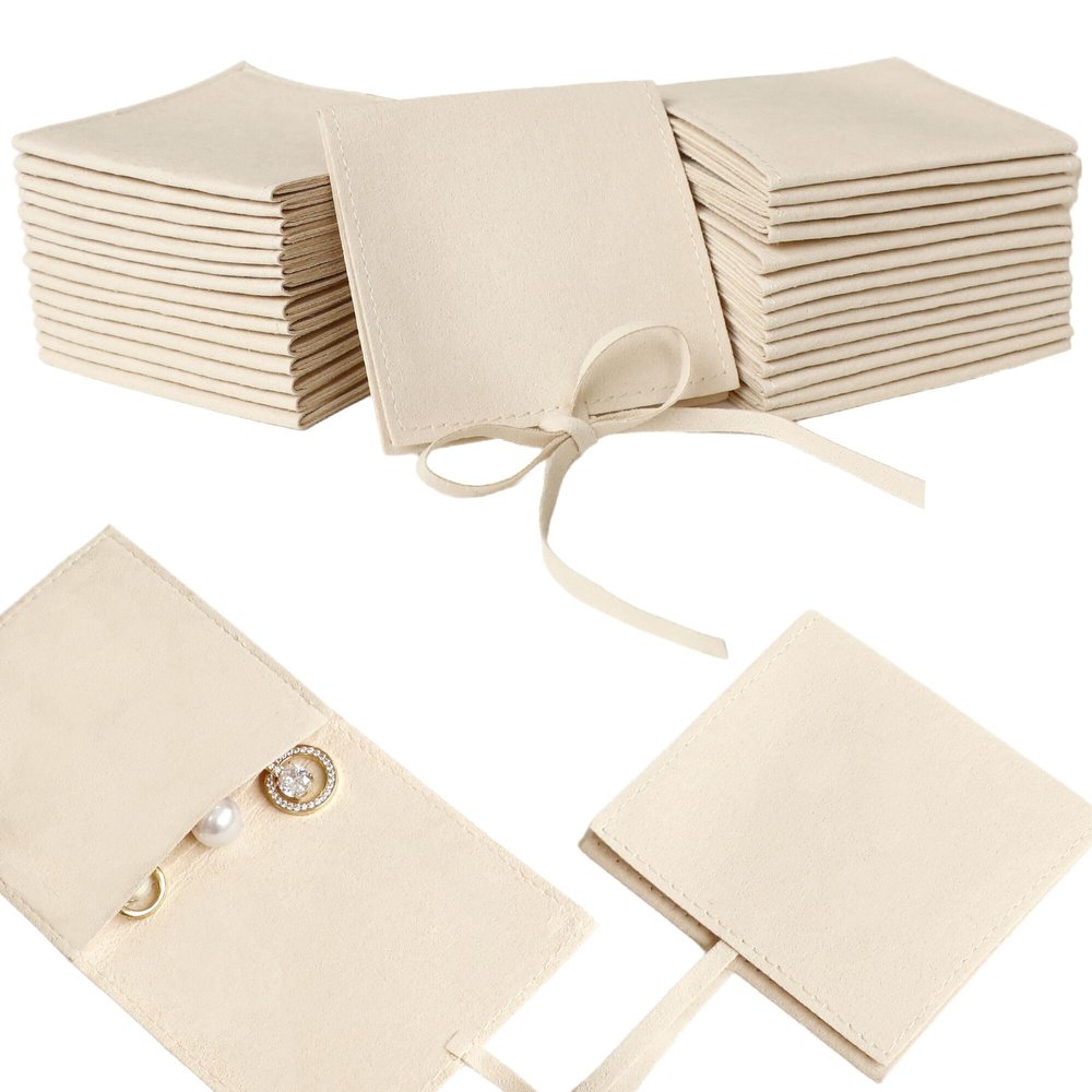 40pcs Ivory White Microfiber Jewelry Pouch 8 x 8cm Jewelry Bags Luxury Small Favor Bags Ring Pouch for Earrings Necklaces Bracelet, Bow Tie Envelope Style Packaging