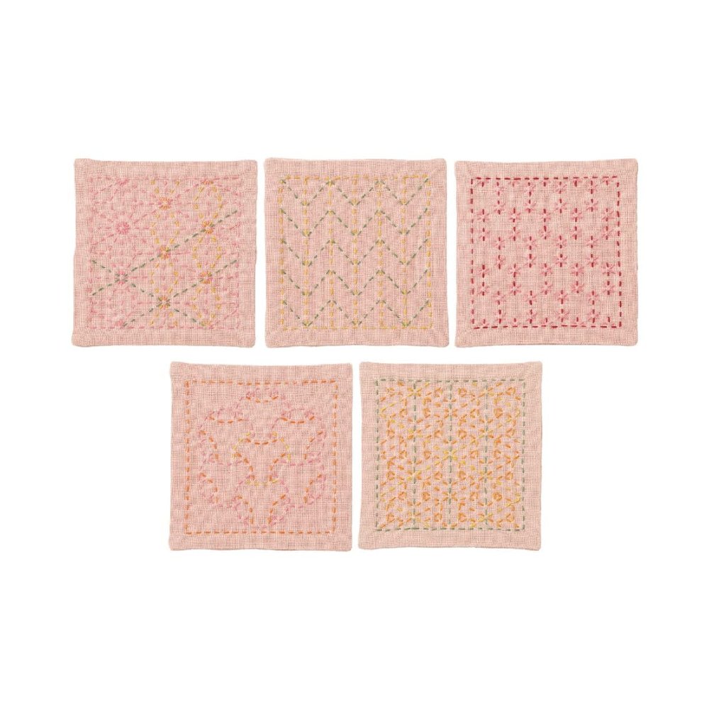 Olympus Thred Sashiko Kit, Sashiko Sashiko (Thin) Stab Sashiko Coaster, Length 3.9 x Width 3.9 inches (10 x 10 cm), 5 Types