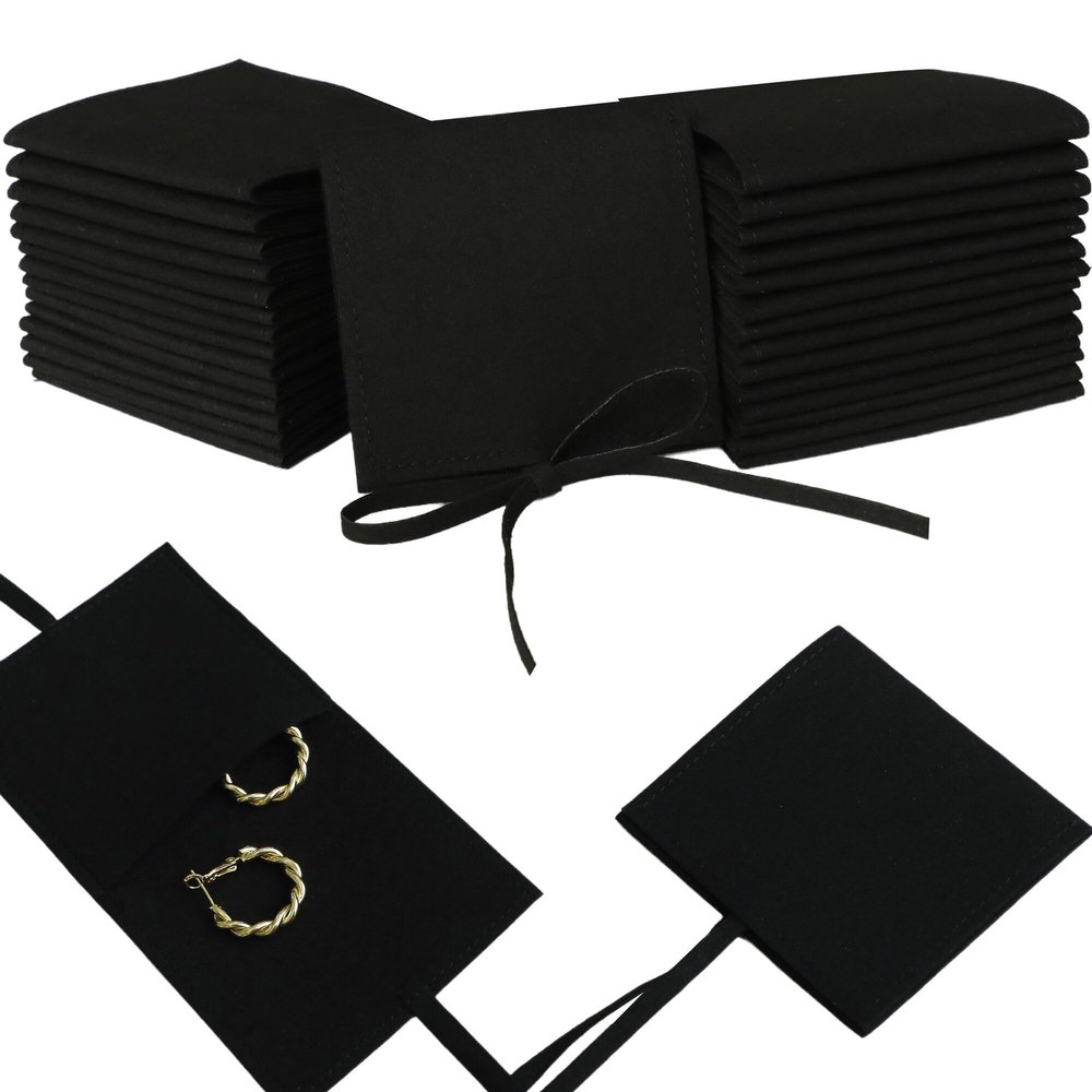 40pcs Black Microfiber Jewelry Pouch 8 x 8cm Luxury Small Favor Bags Ring Pouch for Earrings Necklaces Bracelet, Bow Tie Envelope Style Packaging
