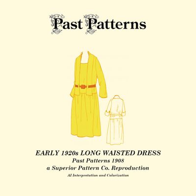 Early 1920s Long Waisted Dress Sewing Pattern Flapper Era One-Piece Gown with Vest Detail Bust 36 Past Patterns 1908