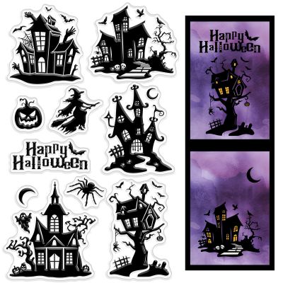 CRASPIRE Halloween Themed Silicone Clear Stamps Haunted House Pumpkin Spider Sorceress Reusable Rubber Transparent Seals for Cards Making DIY Scrapbooking Journal Photo Album Decorative