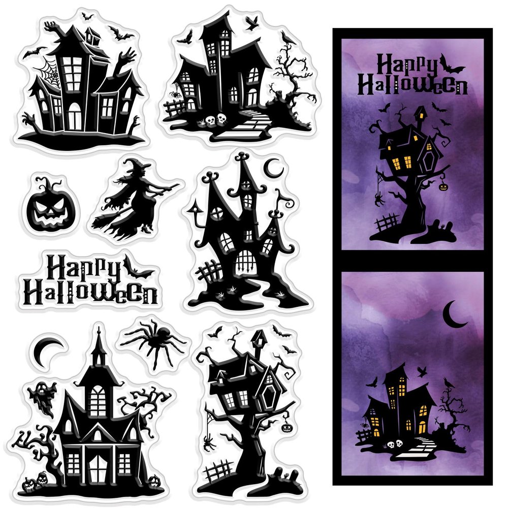 CRASPIRE Halloween Themed Silicone Clear Stamps Haunted House Pumpkin Spider Sorceress Reusable Rubber Transparent Seals for Cards Making DIY Scrapbooking Journal Photo Album Decorative