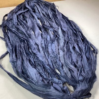 10 yd Recycled Sari Silk Ribbon Dark Blue/Grey Tassel Boho Junk Craft Art Supply