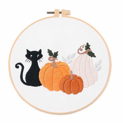 NineTribe Basics Stamped Embroidery Starters Kit with Pattern for Beginners Black Cat and Pumpkin with Hoops Cloth Color Threads Cross Stitch Kit Needlework for Adults Students Home Decoration