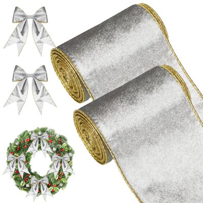 WILLBOND 2 Rolls Christmas Velvet Ribbon Wired Edge Trim Wrapping Fabric Ribbon for Gift Wrapping Bow Making and DIY Crafts Garland Wreath Tree Topper Decor(4 Inch X 6 Yards,Silver)