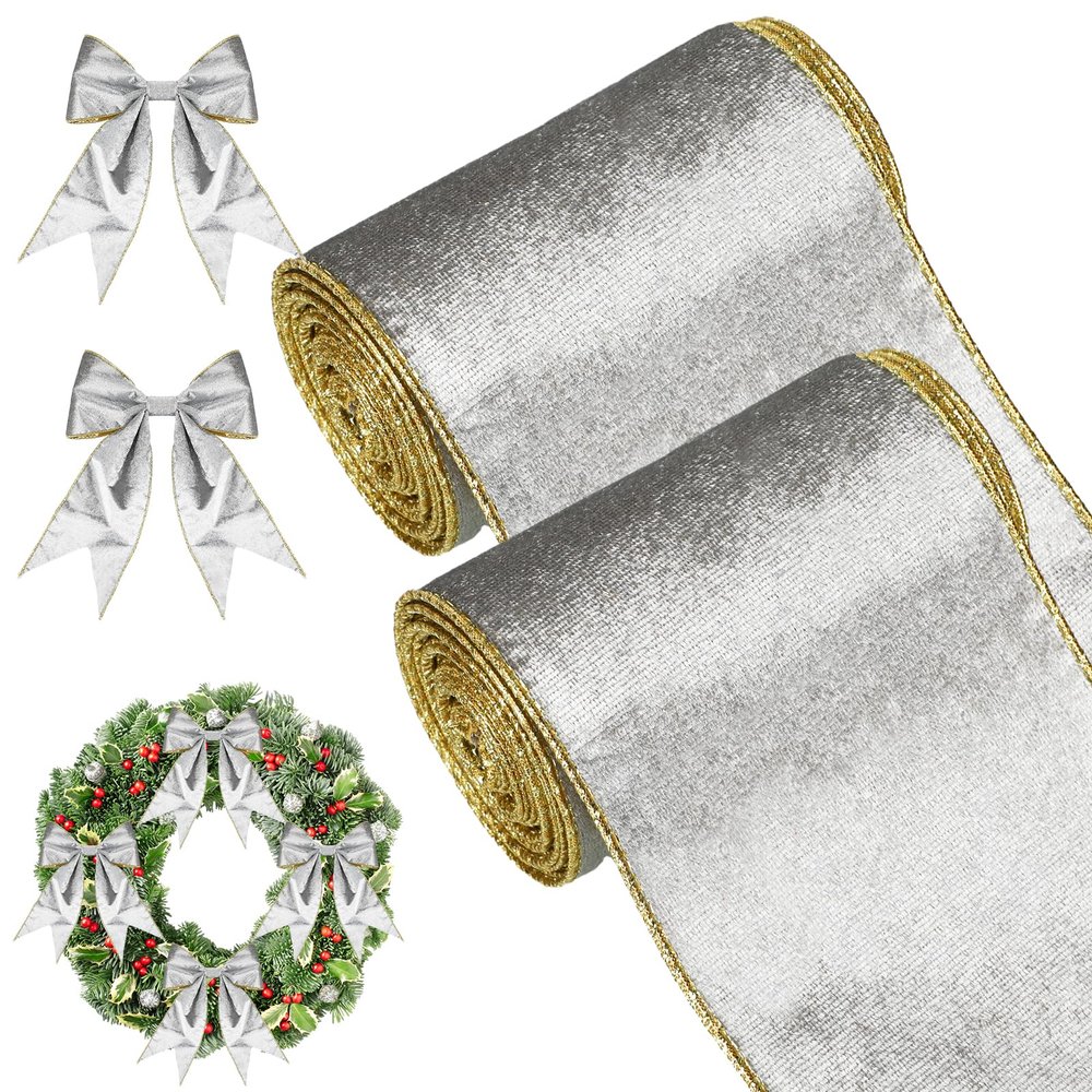 WILLBOND 2 Rolls Christmas Velvet Ribbon Wired Edge Trim Wrapping Fabric Ribbon for Gift Wrapping Bow Making and DIY Crafts Garland Wreath Tree Topper Decor(4 Inch X 6 Yards,Silver)