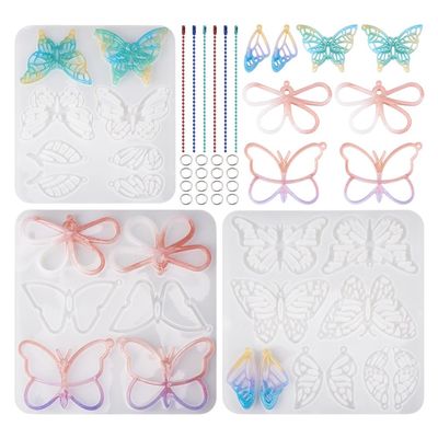 Boutigem 3Pcs Butterfly Silicone Molds Hollow Butterfly Epoxy Resin Molds Insect Animal Pendant Casting Moulds with Open Jump Rings Ball Chains for Keychain Earring Jewelry Making