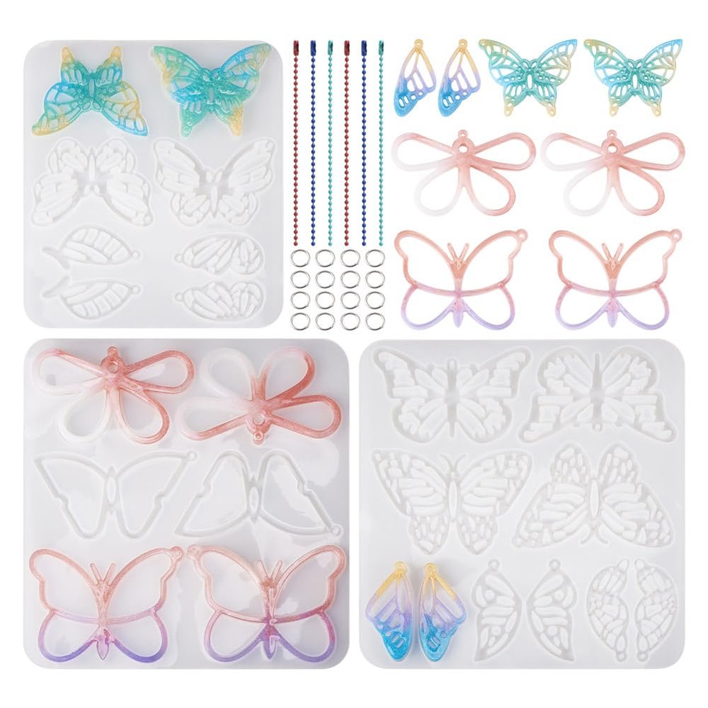 Boutigem 3Pcs Butterfly Silicone Molds Hollow Butterfly Epoxy Resin Molds Insect Animal Pendant Casting Moulds with Open Jump Rings Ball Chains for Keychain Earring Jewelry Making
