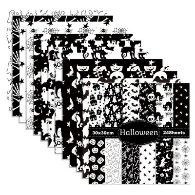 GLKTOPO Scrapbook Paper 12'' x 12'', Double-Sided Halloween Theme, Black and White Cardstock Decorative Craft Paper for Card Making, Journaling, Planners Aesthetic Room Decor - 24 Sheets (A-style)