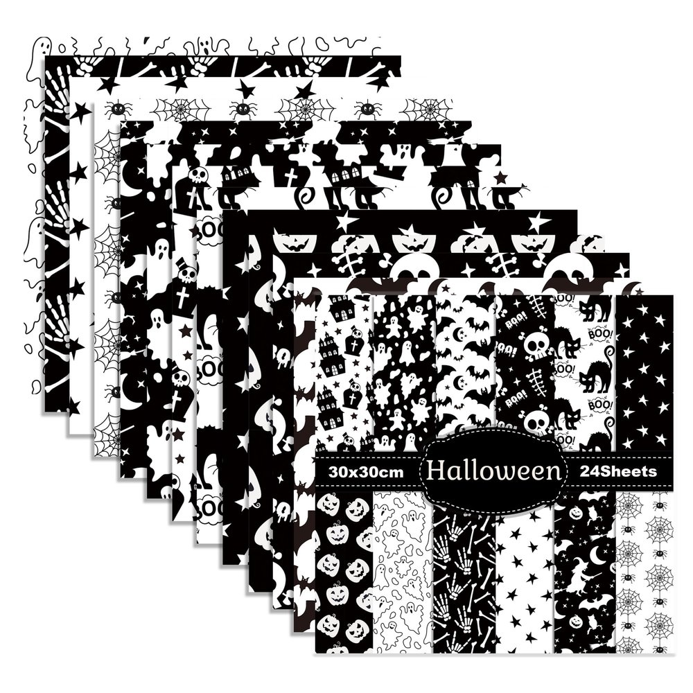 GLKTOPO Scrapbook Paper 12'' x 12'', Double-Sided Halloween Theme, Black and White Cardstock Decorative Craft Paper for Card Making, Journaling, Planners Aesthetic Room Decor - 24 Sheets (A-style)