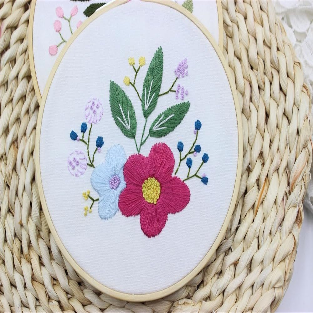 Stamped Embroidery Starters Kits with Pattern for Beginners Beautifful Flowers with Hoops Cloth Threads Needlework Art Cross Stitch Kits for Adults Students Home Decoration(2)