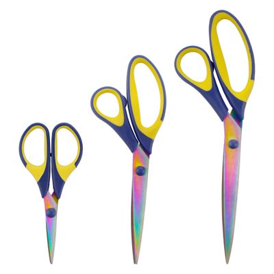BambooMN Titanium Softgrip Scissors Set for Sewing, Arts, Crafts, Office - Blue w/Yellow - 10 Sets of 3