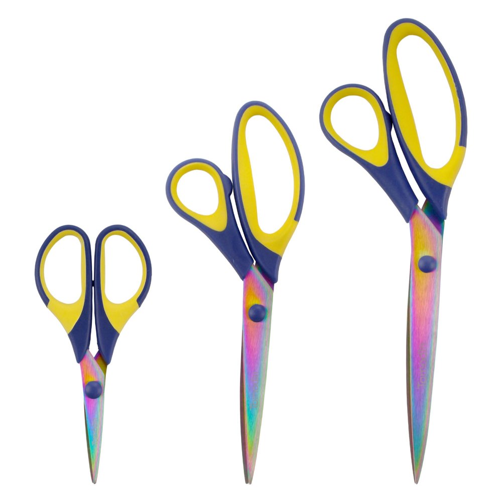 BambooMN Titanium Softgrip Scissors Set for Sewing, Arts, Crafts, Office - Blue w/Yellow - 10 Sets of 3