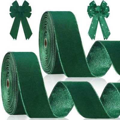 Wavyknot 2 Rolls Green Velvet Wired Ribbon with Glitter Back 2.5 Inch x 20 Yards Christmas Ribbon for Gift Wrapping Christmas Tree Decoration Wreath Topper Bows DIY Crafts Mantel Xmas Supplies
