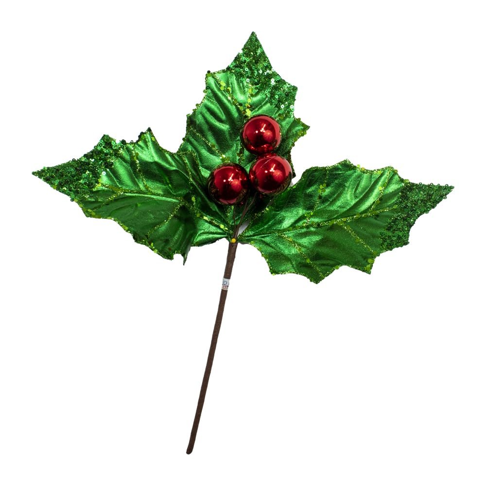 Kurt S. Adler Large Green Holly Leaf with Red Berry Pick 12x12 inch