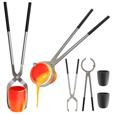 Nelyrho #5 (15lbs-7kg) Crucible Tongs Set with Lifting Tongs, Pouring Tongs and 2 Graphite Crucibles for Casting and Melting Metal