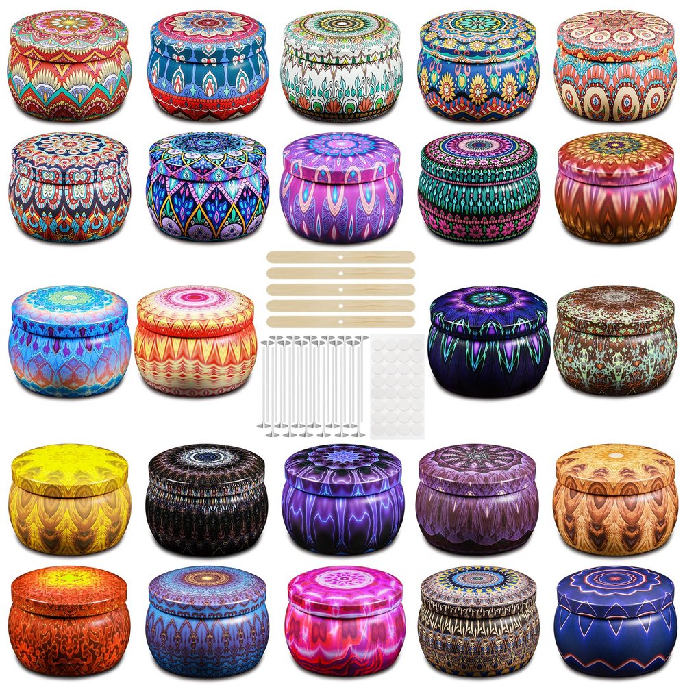 Domivirgo 24 Empty Candle Tins 5.4 oz with Lids - Simple Candle-Making Kit, Includes Wicks, Holders & Stickers, Multi-Purpose Storage Containers for Crafts & Small Items